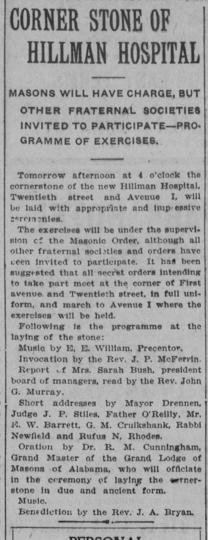 Corner Stone of Hillman Hospital